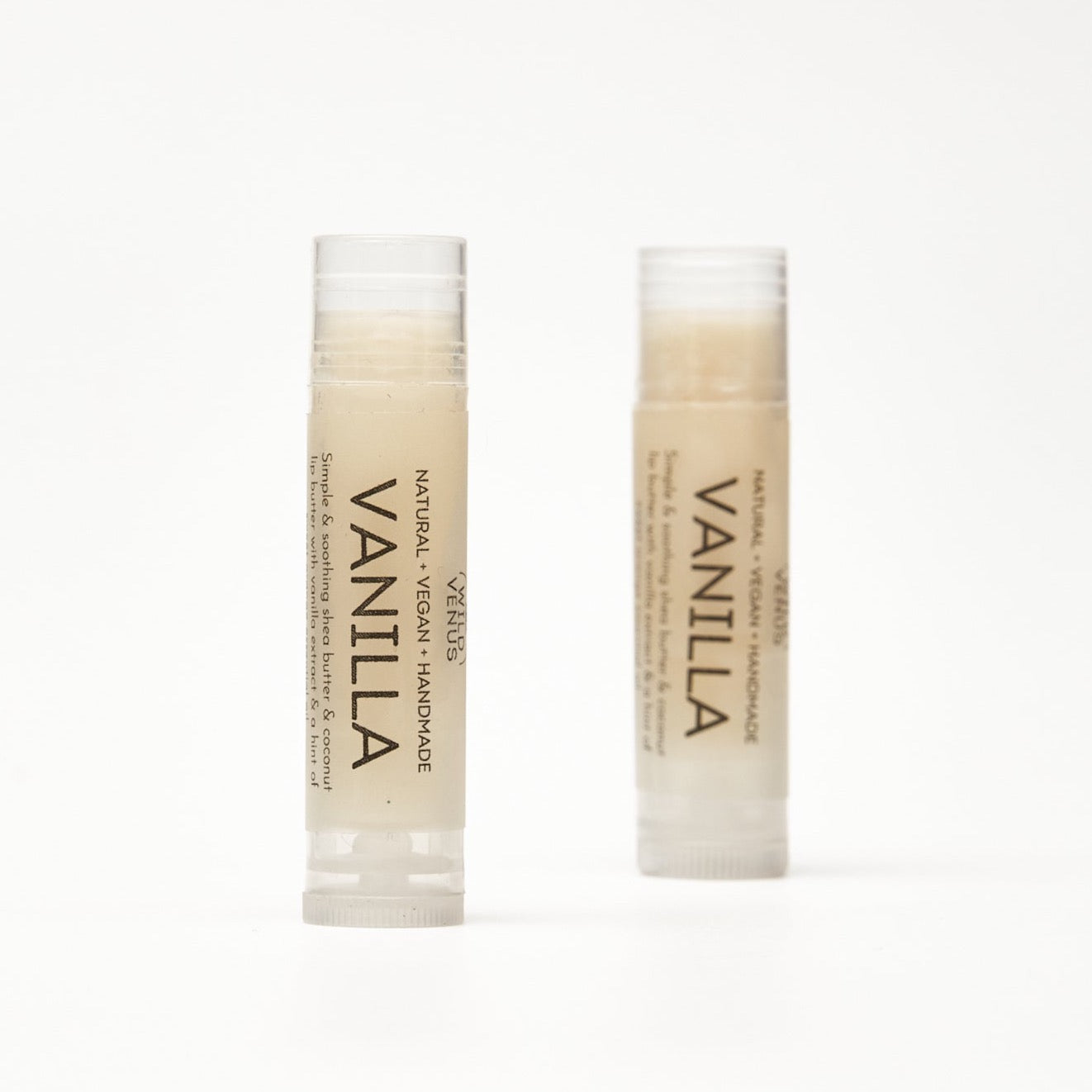 Two Vanilla Lip balms made with natural and vegan ingredients. 