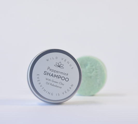 Peppermint shampoo bar is completely vegan and plant based, scented naturally with peppermint essential oils. The Wild Venus Peppermint zero waste solid shampoo bar also contains green clay which is great for drawing out impurities from your hair. 