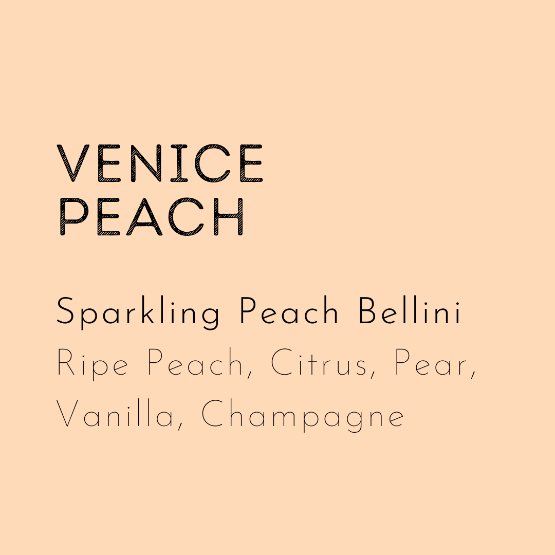 Venice Peach soy wax melt is scented with a sparkling peach Bellini fragrance. 